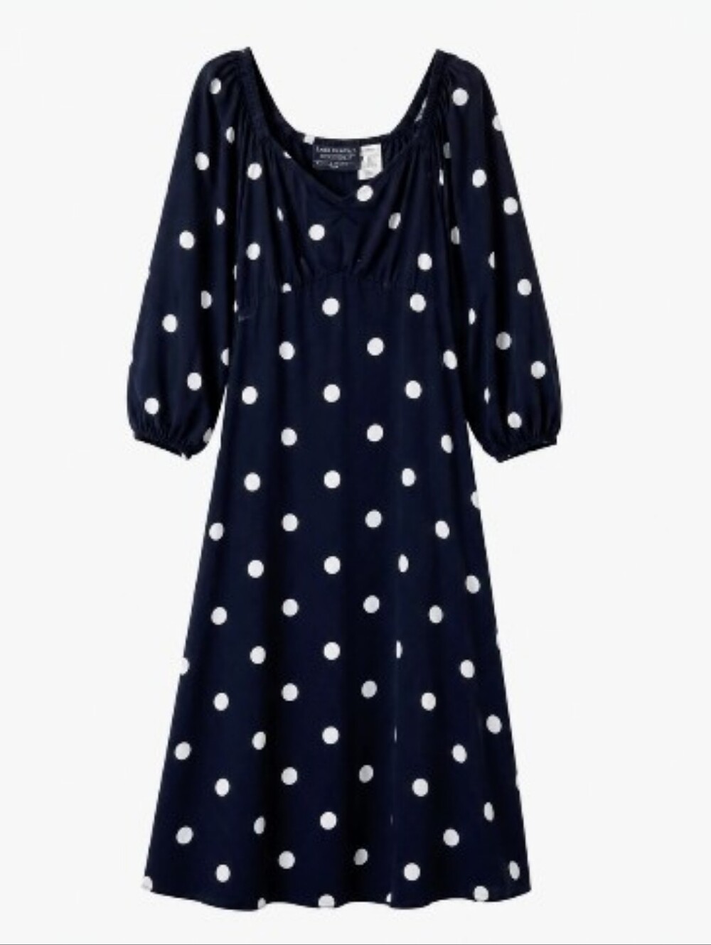 Polka Dot Navy Midi Dress with Puff Sleeves